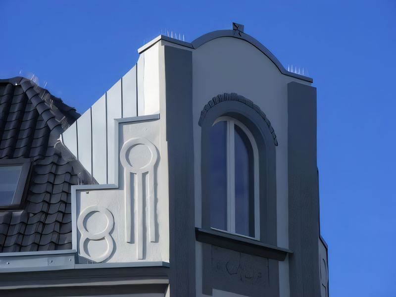 Giebel-Detail eines Jugendstilhauses: Metallbekleidung und Stuckornament neben einem Rundbogenfenster