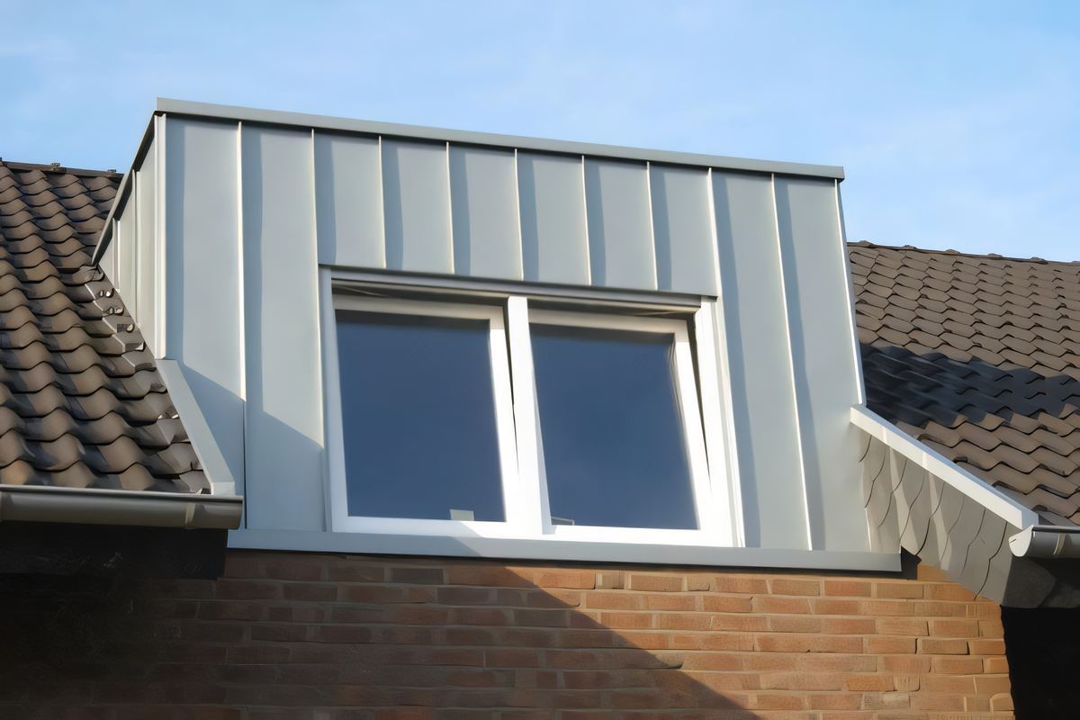 Gaube mit hellgrauer Metall-Stehfalzbekleidung und weißem Fenster über einer Klinkerfassade