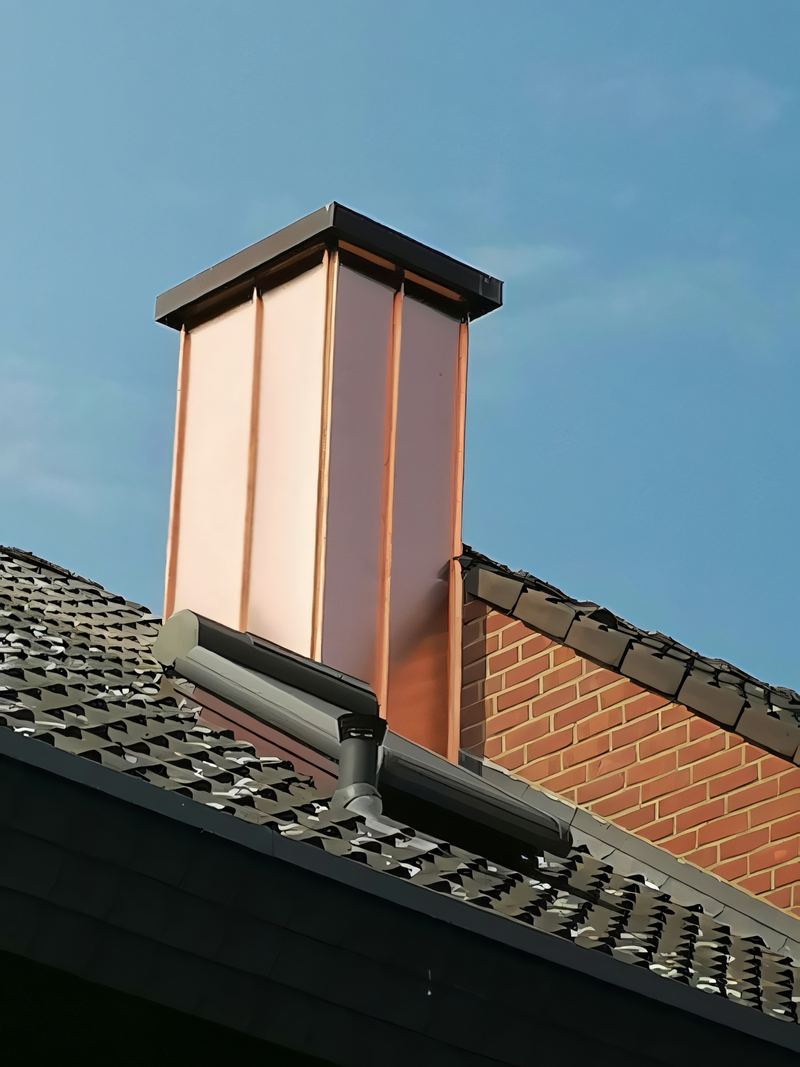 Schornsteinkopf mit Kupferbekleidung und dunkler Abdeckhaube auf einem Ziegeldach vor einer Klinkerwand