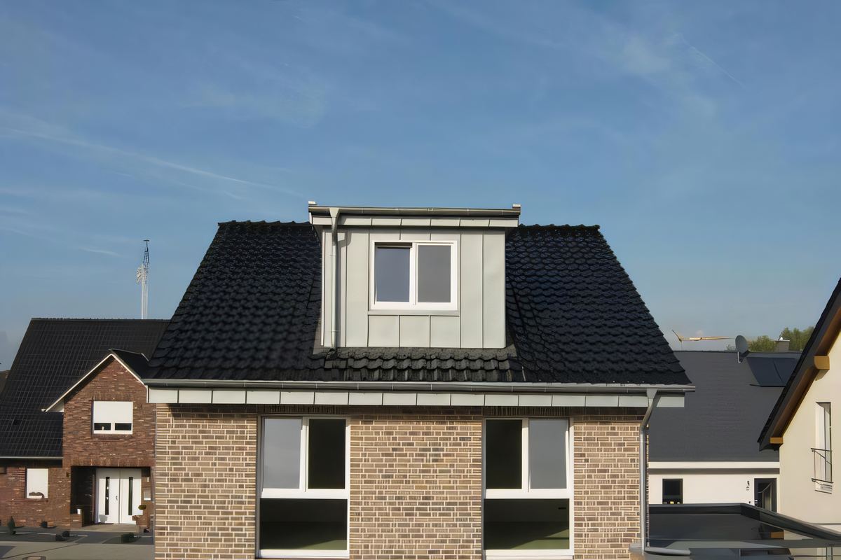 Neubau aus Klinker mit dunklem Ziegeldach und Gaube mit hellgrauer Metallbekleidung